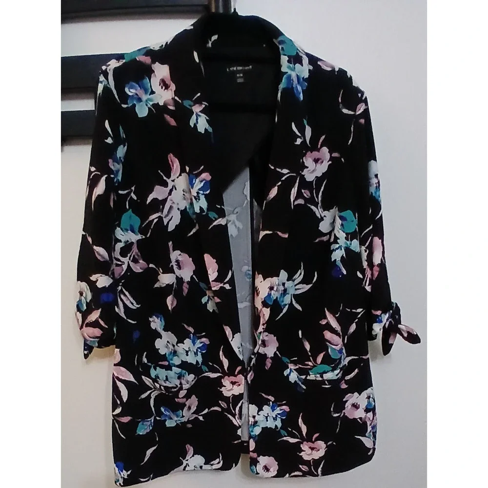 Lane Bryant Jacket Cardigan Blazer Size 18 20 Stretch Black Floral 3/4 Sleeve 2X